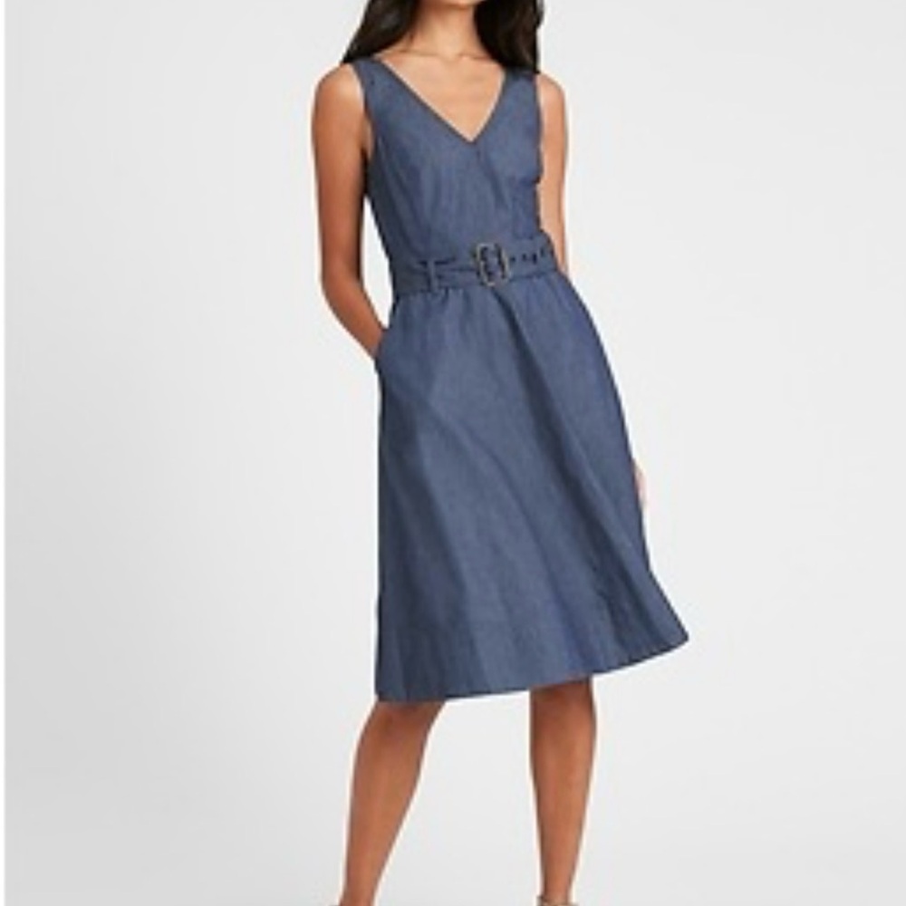 Banana Republic Denim Blue V-Neck Cotton Midi Dress